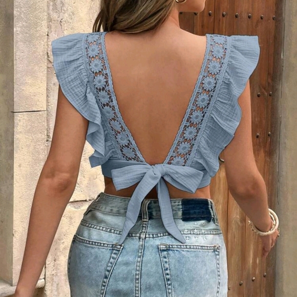 Tops - Frenchy Women's Vacation & Casual Solid Color Lace Patchwork Tie-Up Backle